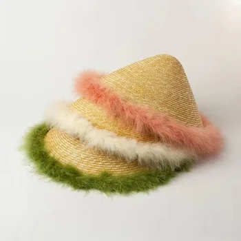 01909-HH7320 2019 Rankomis austi šiaudų spalvos Plunksnų Bambuko skrybėlę modeliavimas Mados Modelis Rodo, bžūp moterų laisvalaikio atostogų paplūdimio skrybėlę