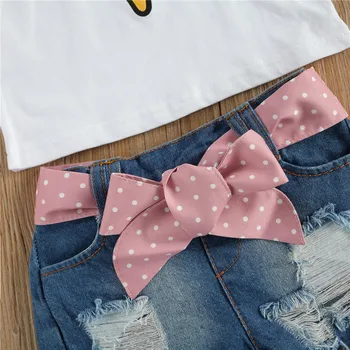 1-6Years Mada Vaikams Mergaičių Vasaros Drabužių Rinkiniai 3D Ledų Spausdinti marškinėliai Topai+Bowknot Neveikiančių Skylę Džinsinio Šortai, Kelnės Komplektai