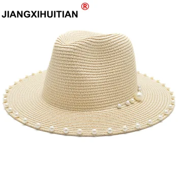 2018 Naujas Vasaros Moterų Skrybėlės China Skydelis Bžūp Kraštų Džiazo Kelionės Anglija Pearl Beach Kepurės Šiaudų Skrybėlę Moterų Atsitiktinis Panama Nuo Saulės Skrybėlę