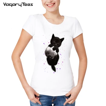 2019 Nauja siunta Juokingi Gyvūnai Burbulai/Hugging mėnulis Marškinėliai Moterų Mielas Punk Katės Atspausdintas T-Shirt Atsitiktinis Streetwear Viršūnės