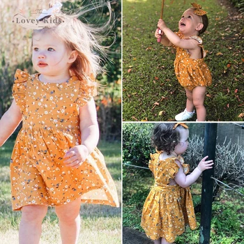 2020 Bamblys Baby Girl Dress Saldus Geltonas Gėlių Gėlių Spausdinti Trumpos Pynimas Rankovės Suknelės Naujagimių Drabužiai