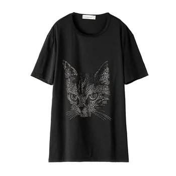2020 Naujas Mados Prarasti Plius Dydis Short-Sleeve T-Shirt Moterims, Atsitiktinis Asmenybės Cat Modelis Karšto Diamond Moterų Viršūnių TX139