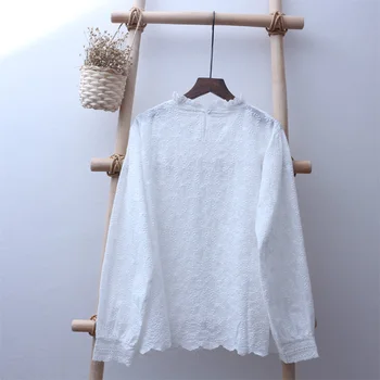 2021 vasaros akcijų marškinėliai Lolita Pasakų gėlės paviršiaus siuvinėjimas medvilnės, baltos spalvos susiėmę apykaklės ilgomis rankovėmis marškinėliai palaidinė boutique