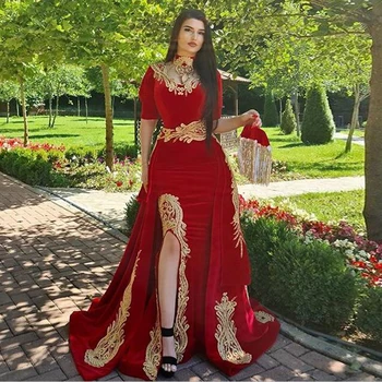 2021 платье Marokas Kaftan vakarinę Suknelę, su Nuimamu Sijonas, Dviejų dalių, Raudoną Undinė Aukšto Kaklo Aksomo Promenadzie Suknelė arabų Šalis