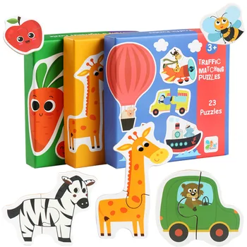 24Pcs Medinė dėlionė vaikams Animacinių filmų gyvūnų (vaisių, daržovių/transporto priemonės 3 stilius Montessori ugdymo žaislai vaikams