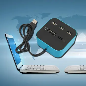 3 Prievadų USB šakotuvas Didelės Spartos Usb 2.0 HUB Su Multi-card Reader Combo Mėlyna SD / Micro SD / M2 / MS MP-Viskas Viename PC Nešiojamas kompiuteris