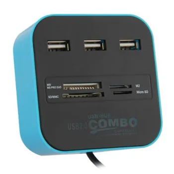 3 Prievadų USB šakotuvas Didelės Spartos Usb 2.0 HUB Su Multi-card Reader Combo Mėlyna SD / Micro SD / M2 / MS MP-Viskas Viename PC Nešiojamas kompiuteris