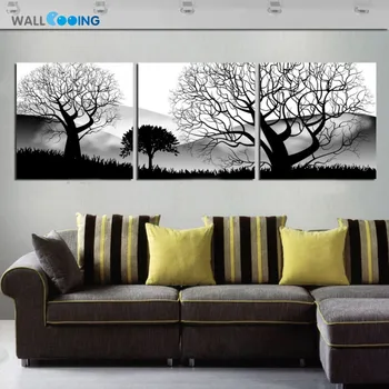 3 skydelis Juoda ir balta kraštovaizdžio medis Meno drobė, aliejus, tapyba gyvenimo kambario sienos plakatas modulinės nuotraukas cuadros namų decoracion
