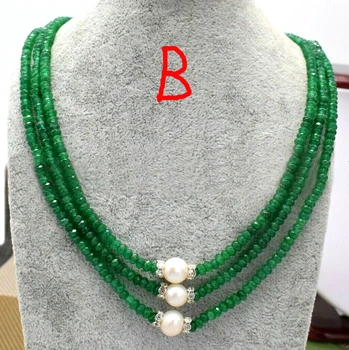 3rows 2x4mm Briaunotas 3color Smaragdas žalia raudona jade ir 9-10mm baltos spalvos gėlavandenių perlų vėrinį 17