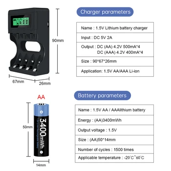 AA Įkraunamos Baterijos 3400mWh 1,5 v AA Li-ion Ličio Baterijos Įkroviklis su LCD ekranu, skirtas 1,5 v Li-ion AA AAA akumuliatorius AA