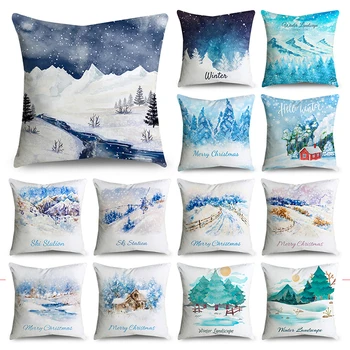 Akvarelė žiemos modelis atspausdintas pagalvės užvalkalą poliesterio pluošto, minkšta automobilių sofa namų puošybai pagalvė pagalvėlės dangtis