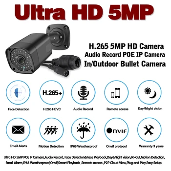 Audio POE IP Kameros, Stebėjimo kameros HD 5.0 MP 2592*1944P Pašto Įspėjimą XMEye ONVIF P2P Motion& Veido Aptikimo RTSP DC12V&48V