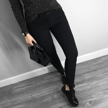 Aukštos kokybės moterų džinsai skinny pagrindinio stiliaus atsitiktinis vientisos spalvos džinsinio audinio kelnės Slim juodas ruožas džinsai