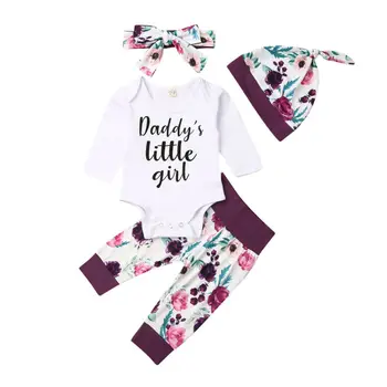 Baby Girl Drabužiai Nustatyti 2019 Bamblys Naujagimiui Rudenį ilgomis Rankovėmis Laišką Bodysuit Jumpsuit Gėlių Kelnes Lankelis Skrybėlę 4PCS