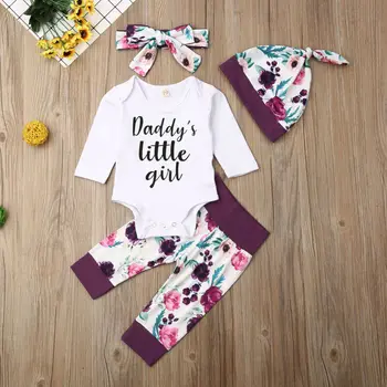 Baby Girl Drabužiai Nustatyti 2019 Bamblys Naujagimiui Rudenį ilgomis Rankovėmis Laišką Bodysuit Jumpsuit Gėlių Kelnes Lankelis Skrybėlę 4PCS
