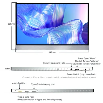 Belaidžio Ultraslim HDR Nešiojamų Stebėti Stalinis/Nešiojamas kompiuteris/Telefonas Miracast USB C HDMI Ekraną, kad Pereiti PS4 IPS Ekranas 15inch