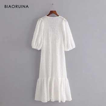 BIAORUINA Moterų prancūzų Stiliaus V-kaklo Sluoksniuotos Rankovėmis Atsitiktinis Balta Tekstūra Suknelė Aukšto Juosmens Pusė Rankovės Vieną Krūtinėmis Elegantiška Suknelė