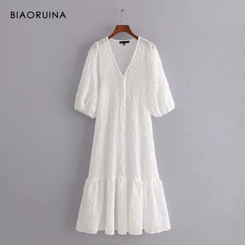 BIAORUINA Moterų prancūzų Stiliaus V-kaklo Sluoksniuotos Rankovėmis Atsitiktinis Balta Tekstūra Suknelė Aukšto Juosmens Pusė Rankovės Vieną Krūtinėmis Elegantiška Suknelė
