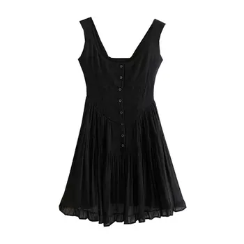 Bohemijos moterų tinklinio Vasaros suknelė elegantiška vintage mygtuką pynimas beach sexy šalies juoda mini suknelė boho atsitiktinis korėjos vestidos