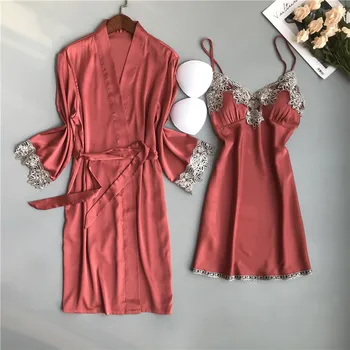 BZEL Vasaros Ponios Mantija Rinkiniai Dviejų dalių Moterų Šilko Satino Sleepwear Sexy Nėrinių Pižamą naktiniai drabužiai Moterų Chalatas Pižamos Pijamas