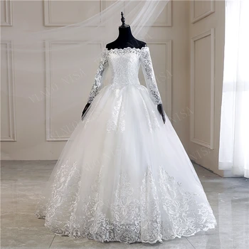 Chalatas De Mariee Grande Taille Vestuvių Suknelė Ilgomis Rankovėmis Nėrinių Valtis Kaklo Nuo Peties Suknelė Princesė Plius Dydis Derliaus Brides