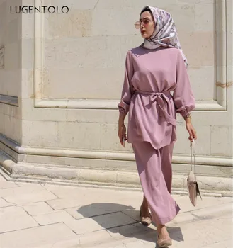 Dviejų dalių Komplektas Viršaus ir Kelnės Vasaros Mados Musulmonų Suknelė Paprasta, Švieži Kietas Pločio Kojų Kelnės Dubajus Atsitiktinis Palaidų Moteris Nustatyti Lugentolo