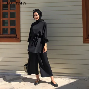 Dviejų dalių Komplektas Viršaus ir Kelnės Vasaros Mados Musulmonų Suknelė Paprasta, Švieži Kietas Pločio Kojų Kelnės Dubajus Atsitiktinis Palaidų Moteris Nustatyti Lugentolo