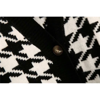 Evfer Moterų Rudenį Atsitiktinis Houndstooth Juoda susagstomi megztiniai Megzti Megztinis Laides Mados V-kaklo, ilgomis Rankovėmis Pledas Megztiniai Chic