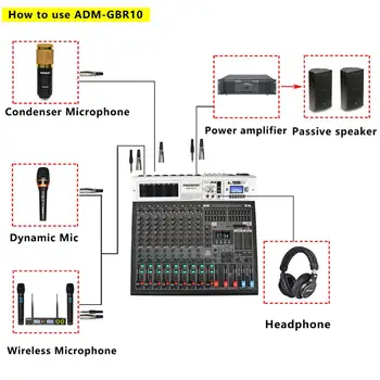 Freeboss ADM-GBA10 10 Kanalo 48V Phantom Power Repaeat Poveikį, USB Play & Įrašų Bluetooth Karaoke, DJ pulto 99DSP Maišytuvas Garso