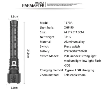Galingiausias XHP90.2 LED Žibintuvėlis USB Įkraunamas Žibintuvėlis Taktinis Žibintuvėlis Zoomable Vertus, Šviesos, Kempingas, Žygiai, Žvejyba