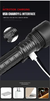 Galingiausias XHP90.2 LED Žibintuvėlis USB Įkraunamas Žibintuvėlis Taktinis Žibintuvėlis Zoomable Vertus, Šviesos, Kempingas, Žygiai, Žvejyba