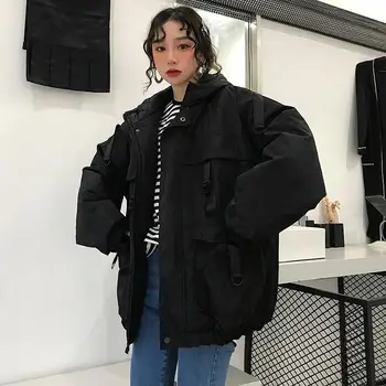 Harajuku Parkas Žiemos Korėjos Tirštėti Gobtuvu Striukė 2020 M. Pavasarį Naujas Juodas Streetwear Bf Stiliaus Purus Kailis Outwear