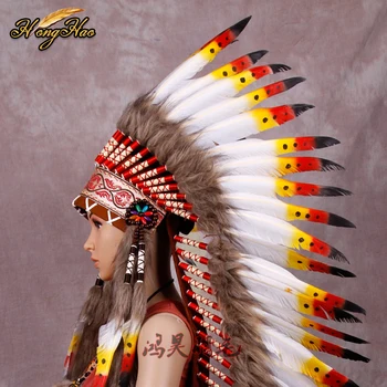 Ilgai Indijos Plunksnų šukuosena rankų darbo raudonos ir juodos plunksnų kostiumai rankų darbo indijos plunksnų šukuosena karo dangčio kepurės kostiumai