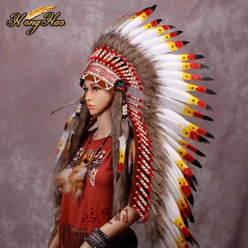 Ilgai Indijos Plunksnų šukuosena rankų darbo raudonos ir juodos plunksnų kostiumai rankų darbo indijos plunksnų šukuosena karo dangčio kepurės kostiumai