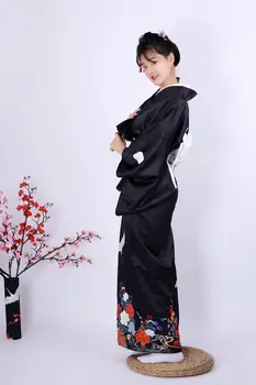 Japonijos Kimono tradicinių Moteris Kimono Suknelę, Juoda Rankovės Kimono Tradicijas Raudona-vainikavo Kranas Rankena Kimono japonų geiša roupa