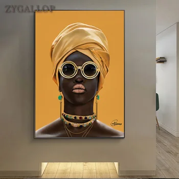 Juoda Moteris Su Akiniais Aliejaus Tapybai Ant Sienos Šiuolaikinės Dekoras Drobė Sienos Menas Nuotraukas Cuadros Geltona Afrikos Moteris Plakatas