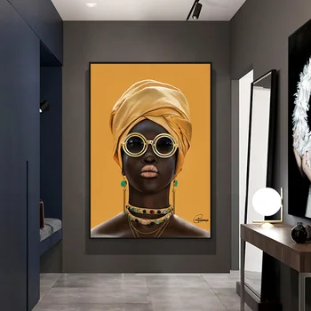 Juoda Moteris Su Akiniais Aliejaus Tapybai Ant Sienos Šiuolaikinės Dekoras Drobė Sienos Menas Nuotraukas Cuadros Geltona Afrikos Moteris Plakatas