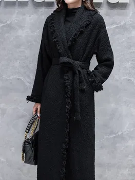 Juodas vilnonis paltas moterų rudenį ir žiemą medvilnės sutirštės nėrinių juosmens ilgai stiliaus virš kelio rupi pražydo vilnonis paltas