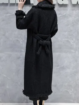 Juodas vilnonis paltas moterų rudenį ir žiemą medvilnės sutirštės nėrinių juosmens ilgai stiliaus virš kelio rupi pražydo vilnonis paltas