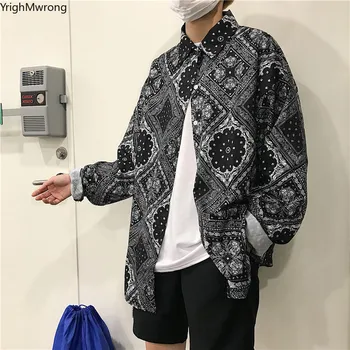 Korėjos Žmogus, Moteris Harajuku Streetwear Hiphop Negabaritinių Bandana Paisley Spausdinti Tee Top Marškinėliai Palaidinė Trumpomis Rankovėmis Pledas Havajai Japonija