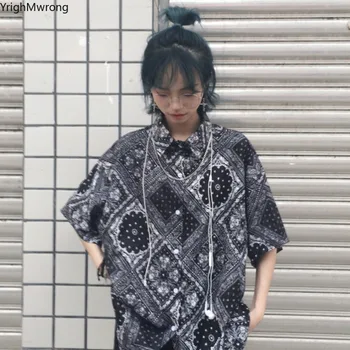 Korėjos Žmogus, Moteris Harajuku Streetwear Hiphop Negabaritinių Bandana Paisley Spausdinti Tee Top Marškinėliai Palaidinė Trumpomis Rankovėmis Pledas Havajai Japonija