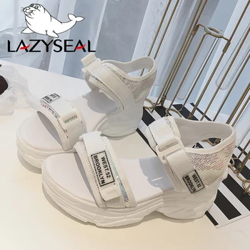LazySeal Naujas Pleišto Sandalai Moterims Batai Su Bling Medžiaga Hook&Loop Platformos Basutės Storio Apačioje Ponios Batai Avalynė sandalias