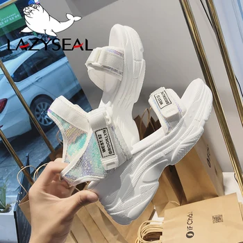 LazySeal Naujas Pleišto Sandalai Moterims Batai Su Bling Medžiaga Hook&Loop Platformos Basutės Storio Apačioje Ponios Batai Avalynė sandalias