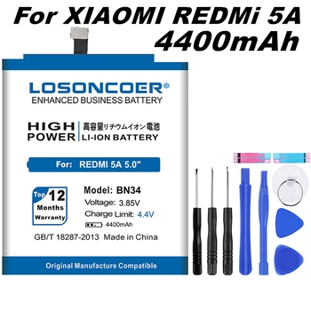 LOSONCOER 4400mAh BN34 Geros Kokybės Telefonas, Baterija Xiaomi Redmi 5A 5.0