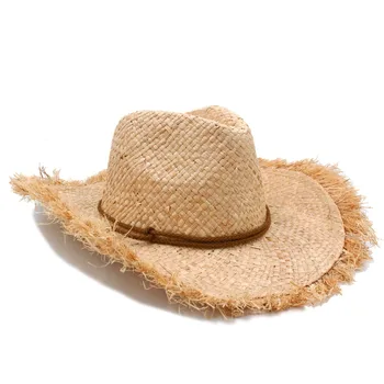 Mados Vyrų džiazo Kaubojų skrybėlę šiaudines Skrybėles Geriausias Mens Vakarų Pobūdžio Rafija Šiaudų Skrybėlę Naujas Moterų Cowgirls roll-up Vasaros Saulė Kepurės