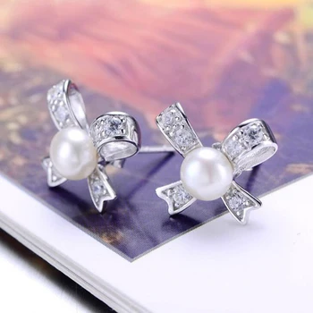[MeiBaPJ]AAAA 6-7mm gėlavandenių perlų 925 sterlingas sidabro stud auskarai moterims skatinimo punktas aukštos kokybės bowknot auskarai