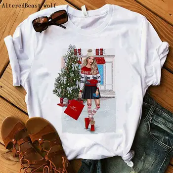 Moterų drabužiai Kalėdų marškinėlius raudonas automobilis sniego medis spausdinti balti Marškinėliai moterims trumpomis rankovėmis O-Kaklo Moterų Atsitiktinis Ponios 