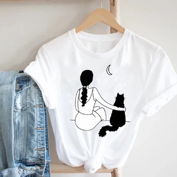 Moterų, Drabužių, Gėlių, Gėlių Animacinių filmų Gyvūnų Funny Cat Mielas 90s Mergina Mados Drabužiai, Spausdinimo Tee Viršuje Marškinėlius Moterų Grafinis T-shirt