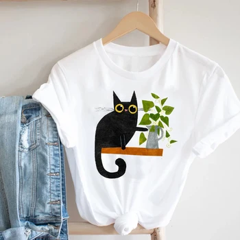 Moterų, Drabužių, Gėlių, Gėlių Animacinių filmų Gyvūnų Funny Cat Mielas 90s Mergina Mados Drabužiai, Spausdinimo Tee Viršuje Marškinėlius Moterų Grafinis T-shirt