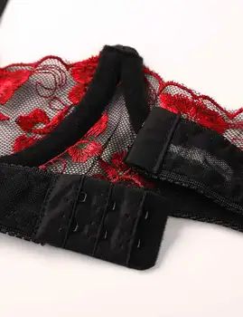 Moterų Erotiniai Siuvinėjimo Nėrinių Lingerie Rinkinys Sexy naktiniai drabužiai Nuogos Krūtys Underwire Bra Top su Crotchless G-string Thong Trumpikės